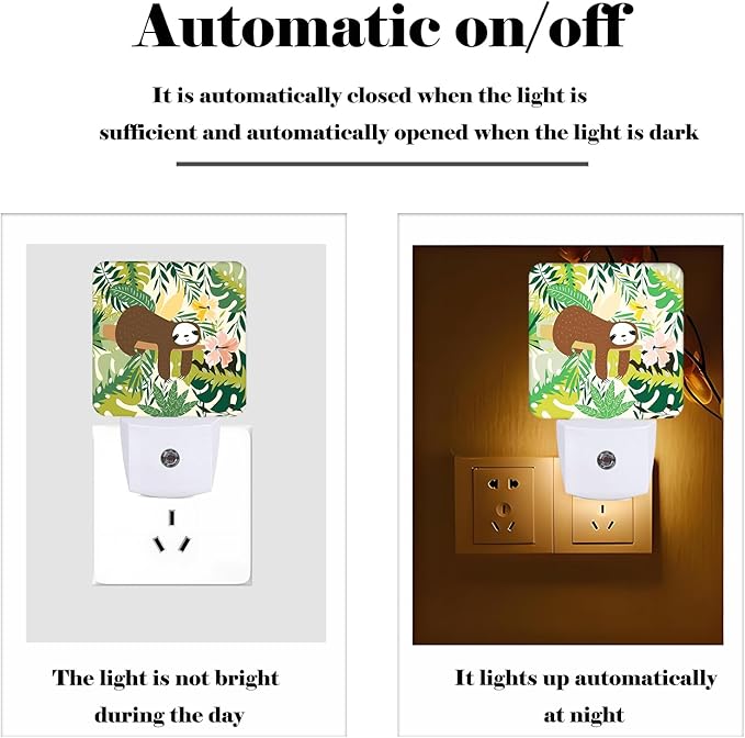 FSHVQKD Cute Sloth in Jungle Night Light,Plug-in Night Lights with Dusk to Dawn Sensor for Stairway,Hallway,Bedroom Sleep Friendly Ideal for Women/Girls/Boys Gift,0.5w