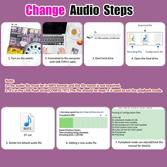 XLW Sound Module, 16MB Push Button, Magnetron, Light Control Activated Recordable Voice Sound Chip Module with LED Light Strip, Speaker, for Greeting Card Audiobook, Xmas Presents Boxes, Kids's Toys.