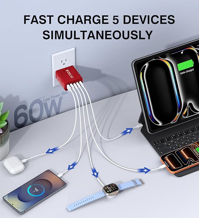 2Pack USB C Fast Charger Block,60W 5-Port Type C Wall Charger Brick,2 USB A and 3 USB C PD3.0 Multiport Charging Plug Power Adapter Brick Cube for iPhone 17/16/15/14/13,Pad Mini/Pro, GalaxyS23 S22