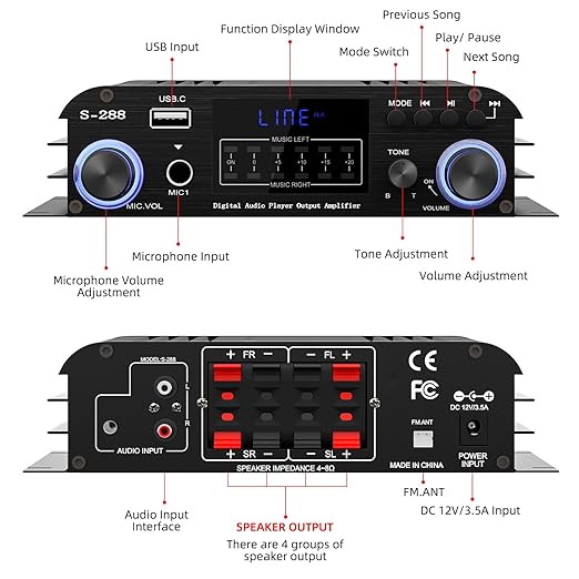 Facmogu S-288 4 CH Bluetooth 5.0 Home Audio Amplifier, RMS 45Wx4, Max 600W HiFi Stereo Power Amplifier USB, SD, FM Class D Speaker Amp for Home Theater Karaoke, with Power Adapter & Remote Control