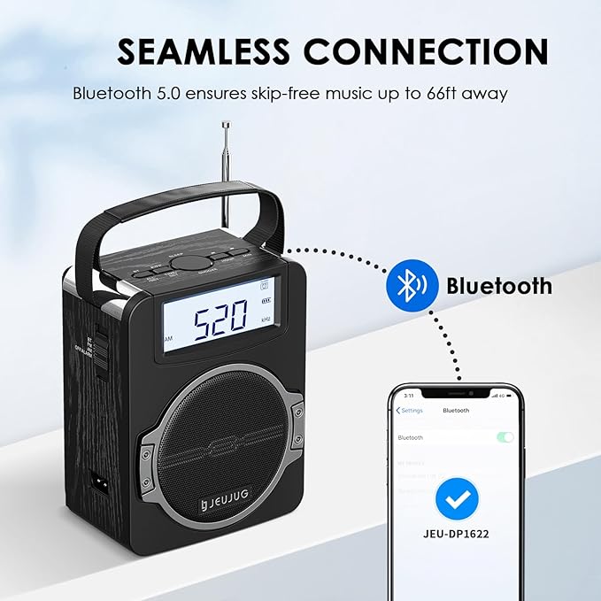 JEUJUG Radio Portable AM FM Digital Radios Clock Radio with Bluetooth 5 Watts Loud Speaker Rechargeable AM FM Radios Plug in Wall Battery Operated Best Reception for Home Outdoor Great Gift Black
