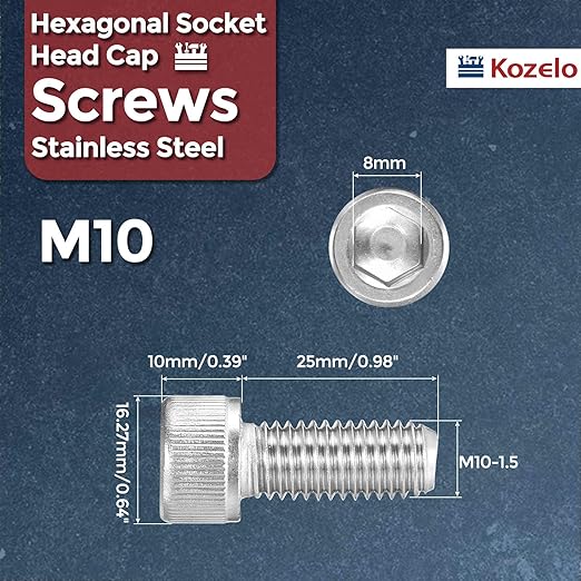 Kozelo 10pcs Socket Head Cap Screws - [M10-1.5 x 25mm] 304 Stainless Steel Allen Socket Drive for Electrical Motor 3D Printing Fan Engine Replacement Use, Silver
