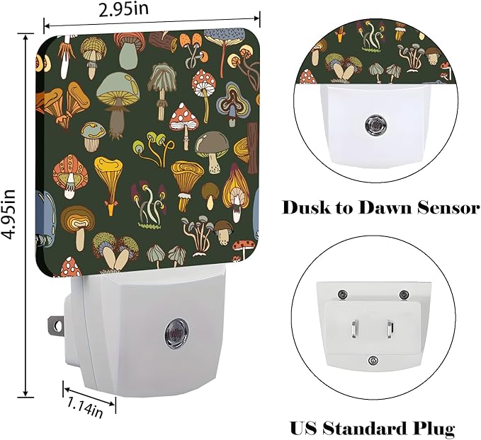 FSHVQKD Various Mushrooms Night Light,Plug Into Wall with Dusk to Dawn Light Sensors, Warm Nightlights for Bedroom, Bathroom, Hallway, Kitchen, Gifts Ideal for Boys Girls Women Men