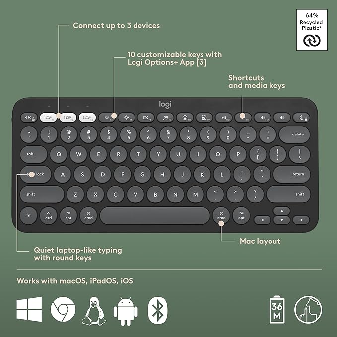 Logitech Pebble 2 Combo for Mac, Wireless Keyboard and Mouse, Slim, Quiet and Portable, Customizable, Bluetooth Mouse and Keyboard, Easy-Switch, for macOS, iPadOS - Tonal Graphite