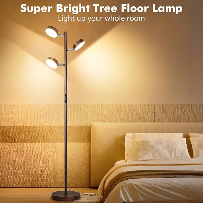 Benaep Tree Floor Lamp for Living Room - Modern Brown Standing Lamp, LED Floor Light with Remote & Touch, 3000K-6000K Dimmable for Bedroom Office Reading (3 Head)