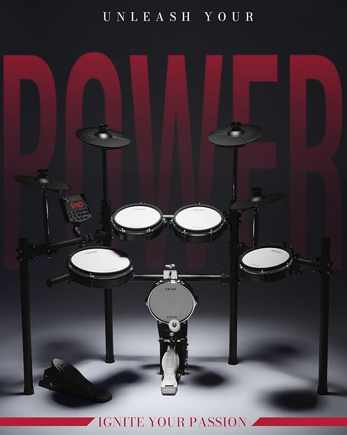 AKLOT Electric Drum Set with Kick-Tower: 4 Dual Zone Mesh Pads, 8’’ Tower-Style Kick Drum, 10’’ Snare, Dual Zone 10’’ Cymbals with Choke, 360 Sounds, User Kit, USB-MIDI, Throne, B-CORE 540 Air, Black