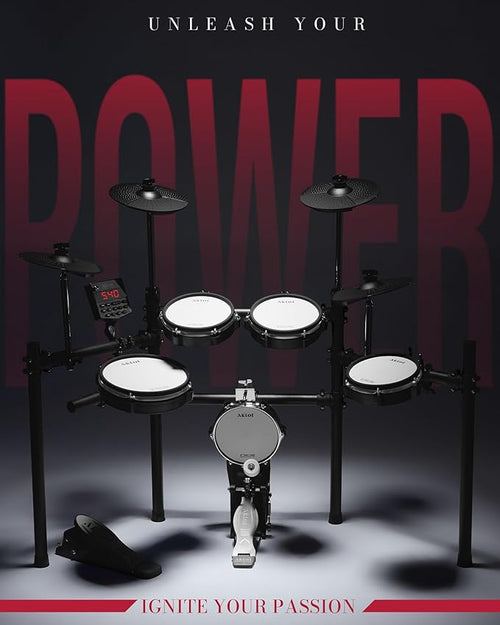 AKLOT Electric Drum Set with Kick-Tower: 4 Dual Zone Mesh Pads, 8’’ Tower-Style Kick Drum, 10’’ Snare, Dual Zone 10’’ Cymbals with Choke, 360 Sounds, User Kit, USB-MIDI, Throne, B-CORE 540 Air, Black