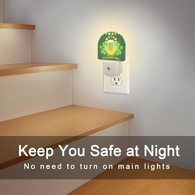 Happy St. Patrick's Day Night Light for Kids,Clover and Green Beer Night Light Plug in with Dusk to Dawn Sensor, 0.5w Energy Saving Sleep Friendly Nightlight for Hallway Stairway Kitchen Bedroom