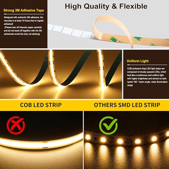 Pandery COB LED Strip Light,CCT Dimmable Strips Light,2700K-6500K,50ft/15m,8mm Wide,CRI90+ 24V LED Strips Kit with Bluetooth APP Control/Music Mode,for Bedroom,Kitchen,DIY Lighting