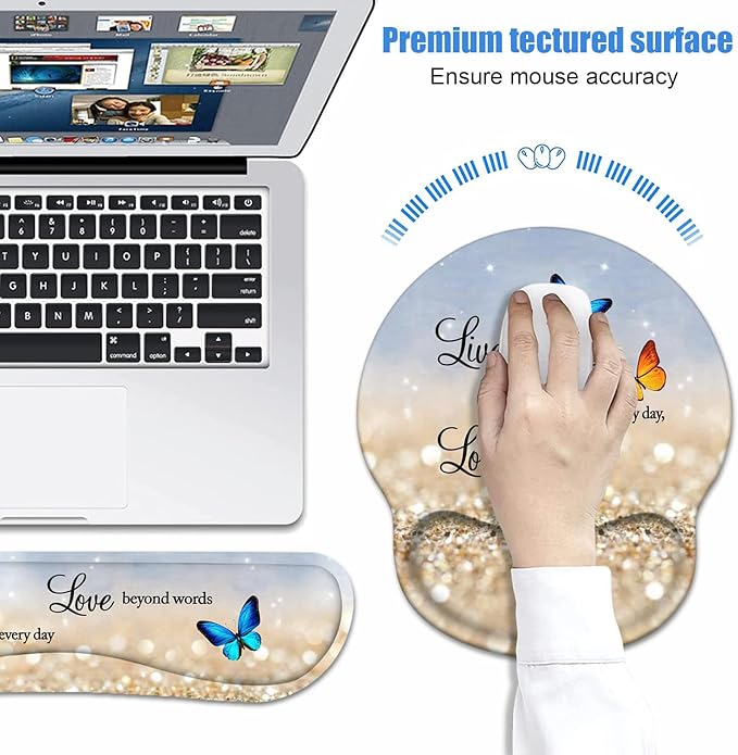 Keyboard Wrist Rest + Mouse Pad Wrist Support Set with Coasters, Non-Slip PU Base Ergonomic Mousepad for Home Office Working Studying Easy Typing & Pain Relief, Glitter Quote Live Laugh Love