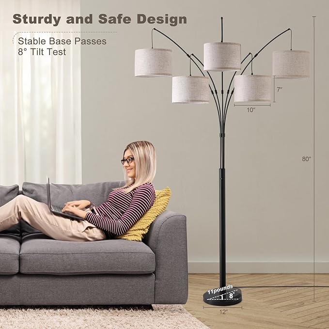 Fansdrick Floor Lamps for Living Room, 4000LM Super Bright Arc Floor Lamp with Remote Control, 5 Light Tall Floor Lamps with Stepless Dimmable, 80" Mid Century Tree Floor Lamp for Bedroom, Office
