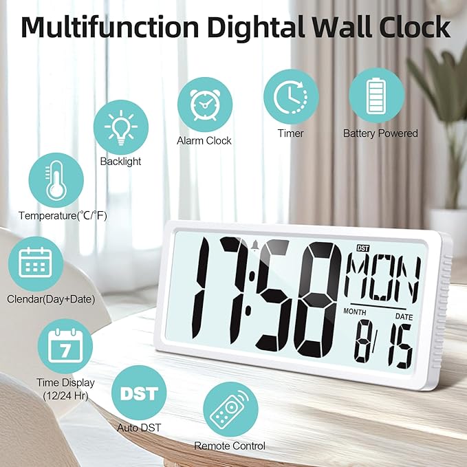 XREXS Large Digital Wall Clock Battery Operated with Backlight, 15" LED Large Display Timer with Temperature Date Week Auto DST Adjustable Brightness, Alarm Clock for Classroom, Livingroom, Office