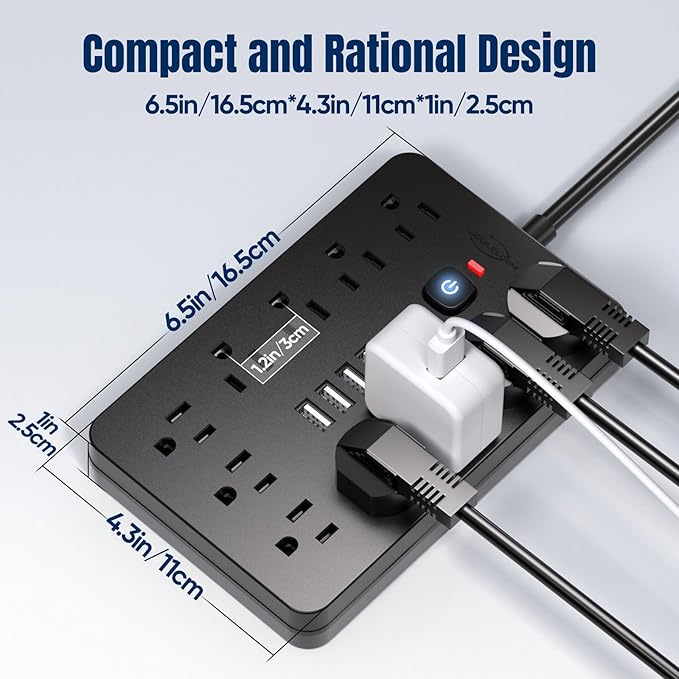 JouleLoom 2PCS 6 FT Flat Plug Surge Protector Power Strip,11 Multiple AC Outlets with 6 USB Ports (2 USB C), 6 Feet Extension Cord, 1250W/10A, One Touch Switch Button, 17 in 1 Compact powerstrip