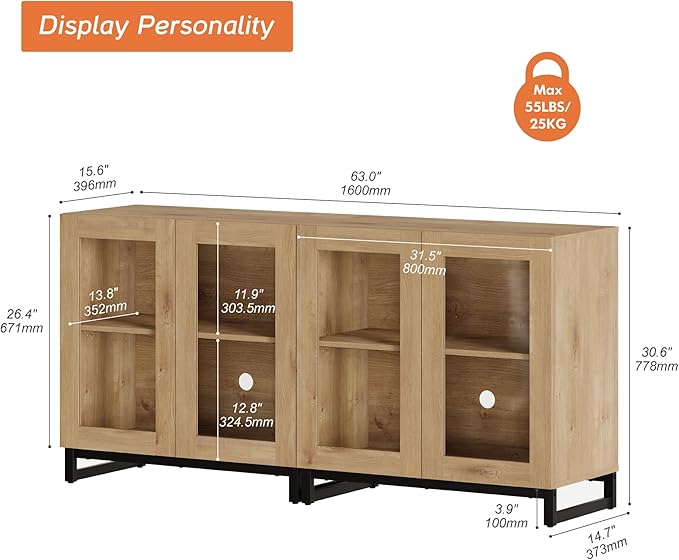 WAMPAT Modern TV Stand with Glass Doors for 32-70 inch TVs, Farmhouse Entertainment Center Media TV Console with Adjustable Shelves for Living Room, Bedroom, Oak