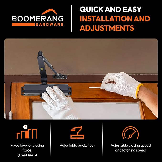 Boomerang Medium Duty Automatic Commercial Door Closer - D703 Hydraulic UL 3 hr. Fire Rated Closer, Surface-Mounted Size 3 for Home & Light Commercial Doors, Matte Black (US19)