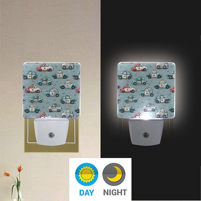 Pigsaly Led Night Light Funny White Police Cars Night Light Plug in Wall Lamp Smart Dusk to Dawn Sensor Nightlight Led Lamp Energy Saving Lights Gift for Kids Room Bedroom Bathroom Hallway