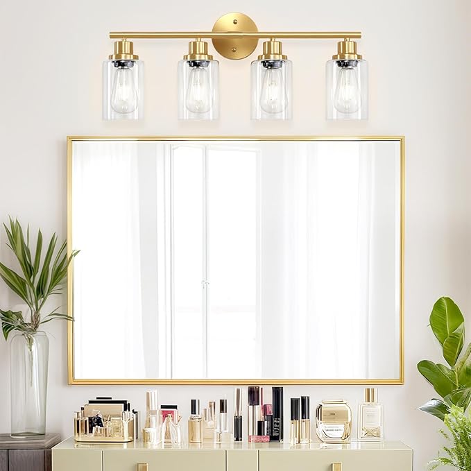 Guliaofo 4-Light Gold Bathroom Light Fixtures, E26 Modern Vanity Lights for Bathroom with Clear Glass Shade, Wall Lamps for Mirror Hallway Kitchen Cabinet Living Room Sconces Lights