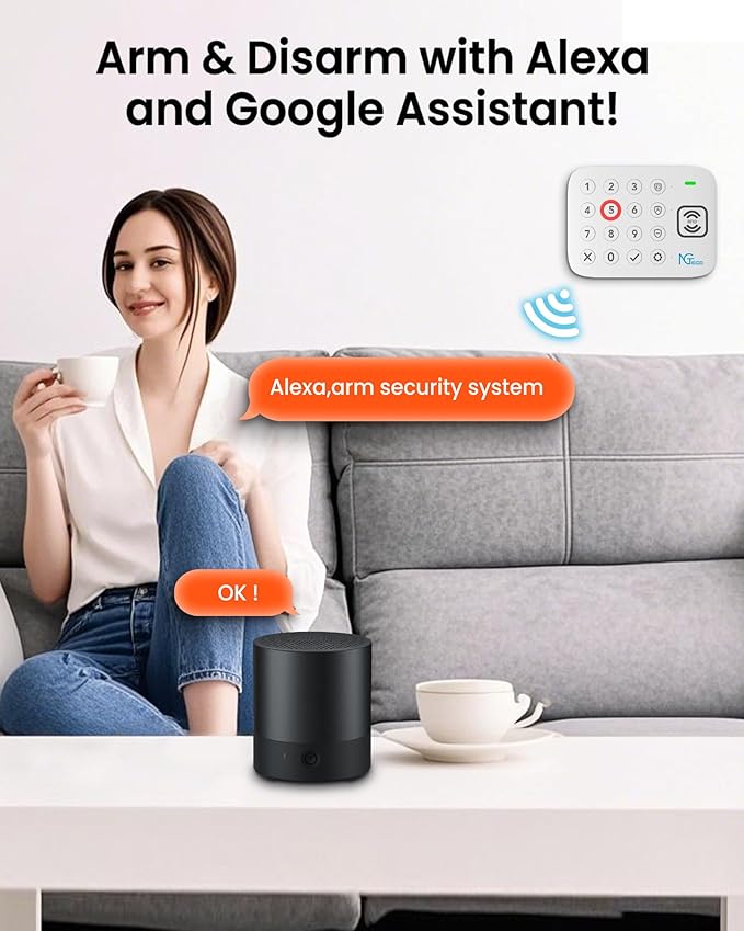 NGTeco 11-Piece Home Security Alarm Kit, Wi-Fi Home Security System with Keypad, Motion Sensor, 5 Entry Sensors, Window and Door Protection - No Contract, Compatible with Alexa & Google