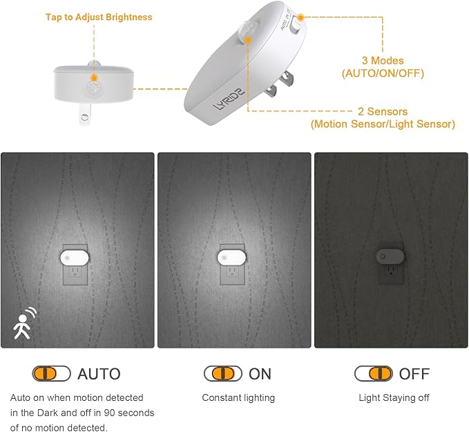 Lyridz Plug in Night Light with Motion Sensor, Smart Cool White LED Nightlights with 1-120LM Stepless Adjustable Brightness for Bathroom, Bedroom, Kitchen, Stairs, Hallway, 6 Pack