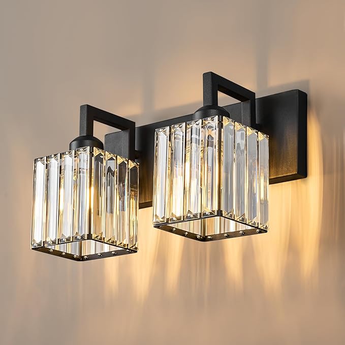 FDPBY Modern Bathroom Vanity Light 2-Lights Black Crystal Bathroom Wall Light Vanity Light Fixtures
