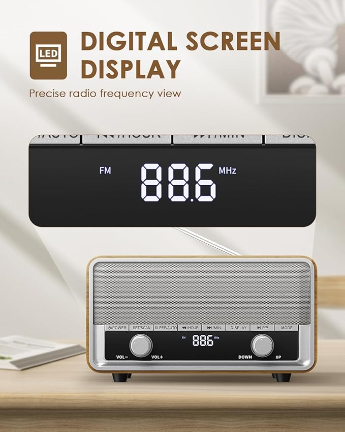 Vintage Wood AM FM Bluetooth Radio with Clock, Digital Clock Radio for Bedroom with LCD Display | 40 Presets | Sleep Timer | No Alarm, Retro Bluetooth Speaker for Office, Kitchen (Wood)