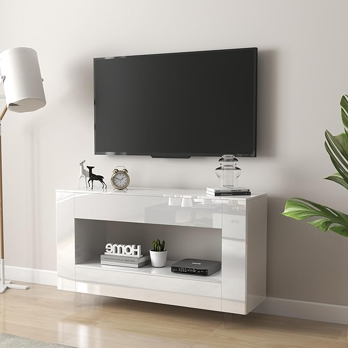 Vavkorkula High Gloss TV Stand for 55 Inch with 2 Large Drawers & Hidden Storage Cabinets, Modern Entertainment Center Television Stands for Living Room Bedroom, White