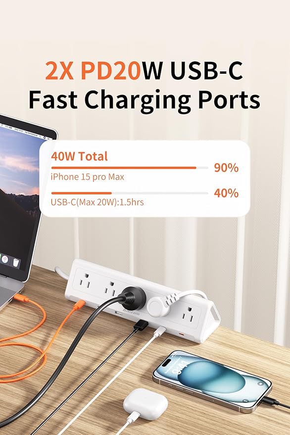 6.5 FT Desk Clamp Power Strip with 5 AC Outlets & 6 USB Ports PD 40W USB-C Fast Charging, 1250J Surge Protector, Fits 2.1 in top Edge White