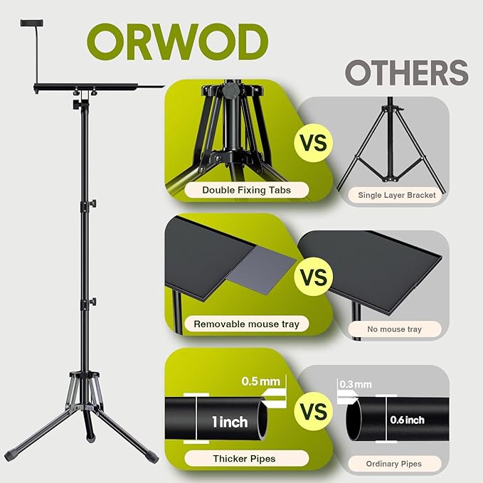 ORWOD Projector Stand Laptop Tripod - Portable Tripod Adjustable Height 20 to 60 Inch, Projector Stand with Gooseneck Phone Holder ＆ Mouse Tray, Laptop Floor Stand for Podium, Studio, DJ Racks