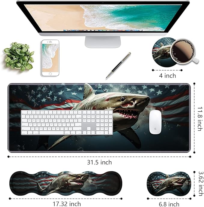 Ergonomic Keyboard Wrist Rest & Mouse Pad Wrist Rest Set, Large XXL Gaming Desk Mat 31.5"x 11.8" with Non-Slip Base, Memory Foam, Easy Typing Pain Relief for Home & Office, American Flag Shark