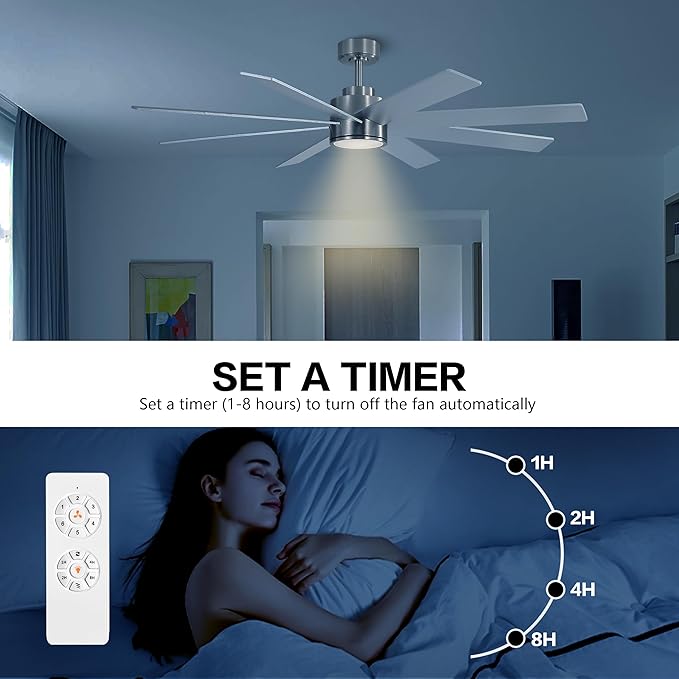 WINGBO 60" Large DC Ceiling Fans with Lights and Remote, 3 Downrods, 8 Plywood Blades, 6-Speeds Reversible DC Motor, 3CCT, Indoor Ceiling Fan for Bedroom Living Room Patio, Brushed Nickel and Silver