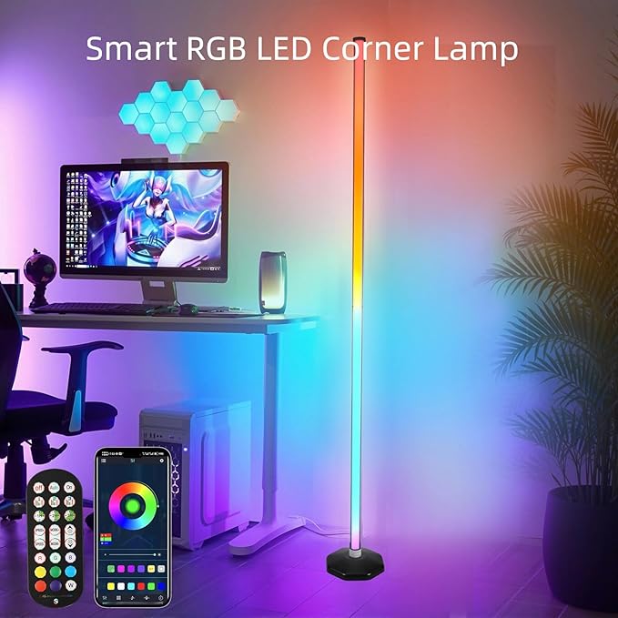 PTVGS LED RGB Corner Lamp: Smart RGB LED Corner Floor Lamp Adjustable Height with 16 Millon RGBWIC Color Changing Lights 300+ Scene,Music Sync&Timer,Ambient Lighting for Living Room,Bedroom,Game Room