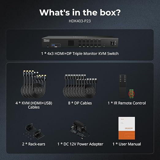 TESmart USB 3.0 KVM Switch 3 Monitors 4 Computers 4K@60Hz, HDMI+DP KVM Docking Station, EDID Emulators, 1G Ethernet, Hotkey Switch, 2K@144Hz for Gaming & Home Office, Audio & Mic with All Input Cables