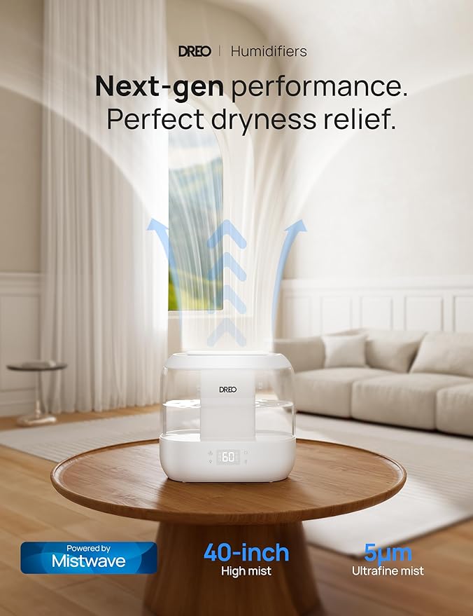 DREO Smart Humidifiers for Bedroom, Top Fill 4L Supersized Humidifier Large Room with 28 dB, 36H Runtime, Touch/APP/Voice Control, Nightlight, Cool Mist Humidifiers for Baby, Plants, Indoor, White