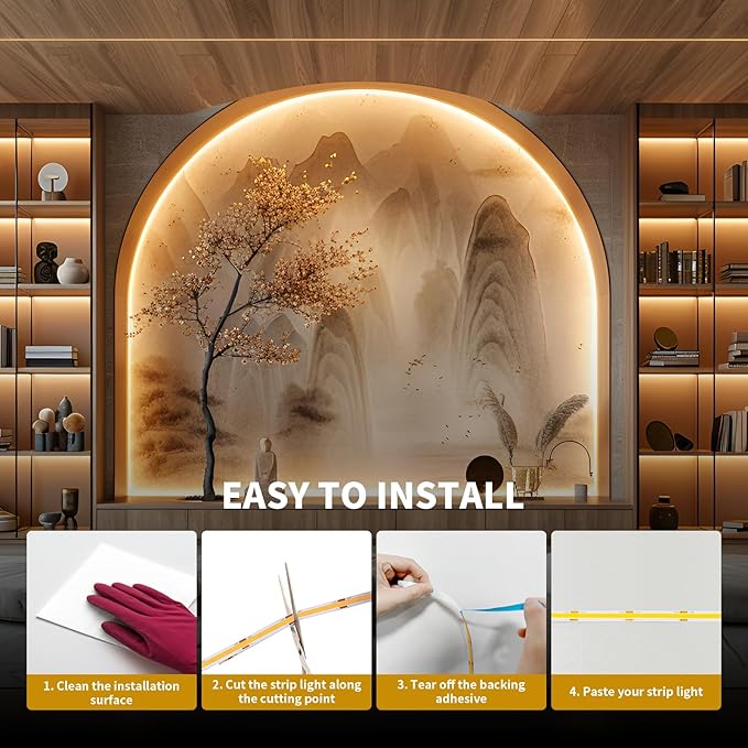 BUNACET COB LED Strip Light 40ft/12m (1 Roll) Warm White 3000K High Lumen CRI 90+ with UL Listed Power Adapter RF Remote for Bedroom Counter Under Cabinet Kitchen Projects