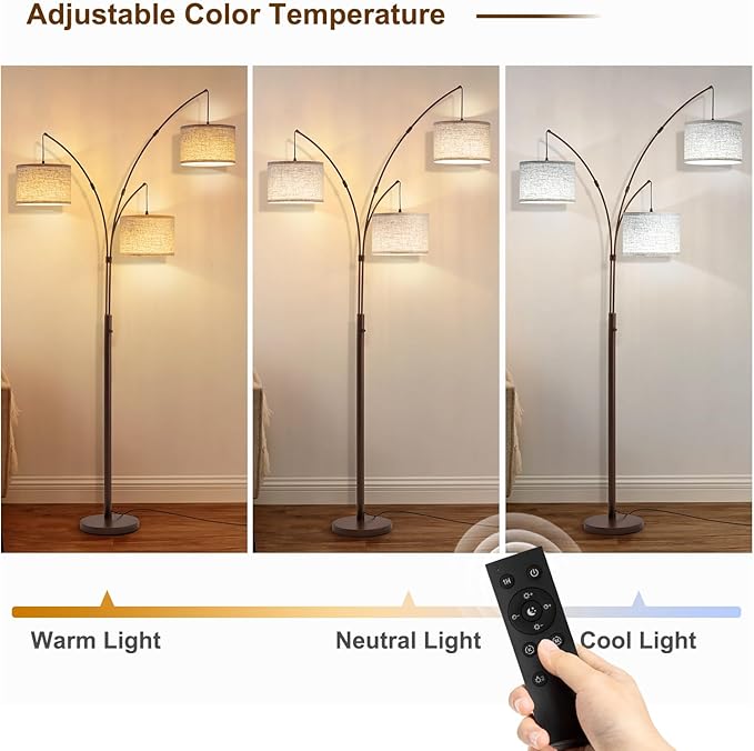 Fansdrick 3 Light Arc Floor Lamps for Living Room, 2400LM Super Bright Floor Lamp with Remote Control, 80" Tall Floor Lamps with Stepless Dimmable, Mid Century Tree Floor Lamp for Bedroom, Office