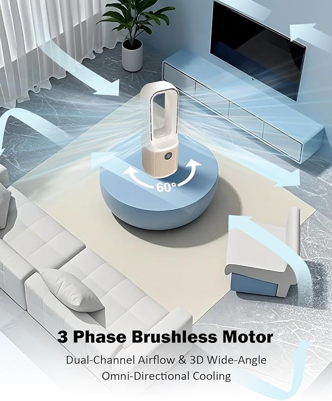 MEIIS Desk Fan, Small Quiet Bladeless Fan with 9 Speed Adjustment & 3 Light Modes, 14 Inch USB Rechargeable with 5000mAh Battery, 60° Oscillating Cooling Fans for Office, Living Room, Bedroom White