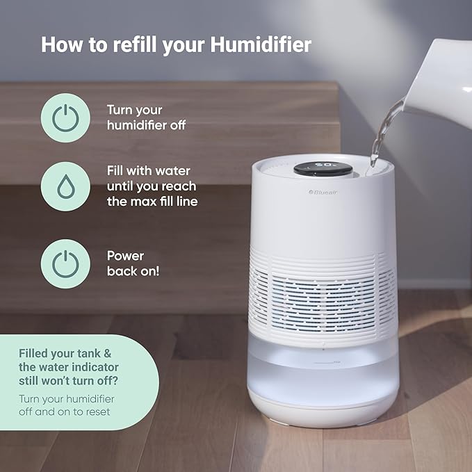 BLUEAIR Premium Smart Humidifier for Large Rooms, Bedrooms, Better Sleep with Evaporative Invisible Mist Tech, Auto Humidify, Easy Top Fill, Smart Control with App, Touchscreen, 3.5L Tank for 48 hours