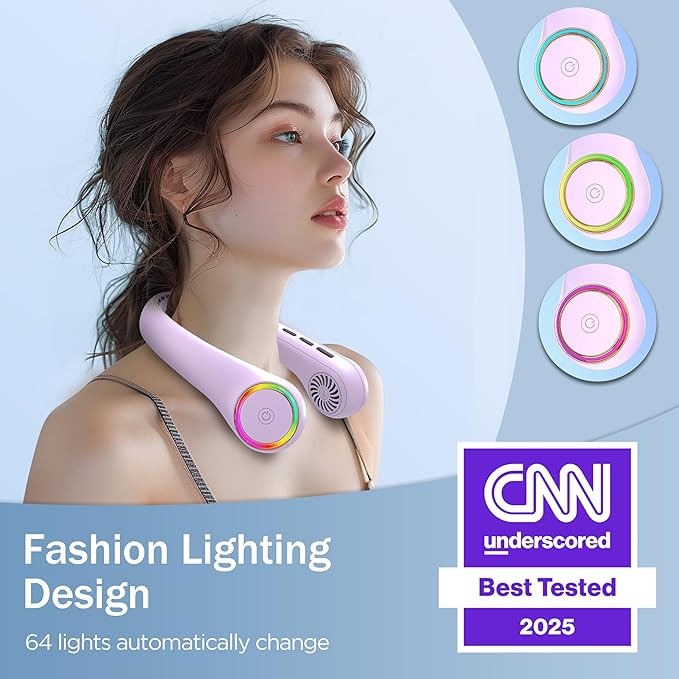 GULAKI Portable Neck Fan, Personal Fan with 4000mAh Battery, Rechargeable Neck Fan with 3 Speeds and 64 Cool Lights, Birthday Gifts for Men Women Mom Dad, Hands Free Cooling fan for Summer(Purple)