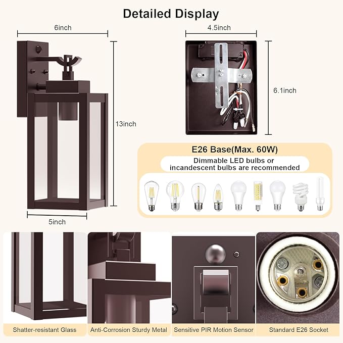 LTBLIGHT 2-Pack Motion Sensor Porch Lights Outdoor, Farmhouse Brown Dusk to Dawn Exterior Lighting Fixtures with 3 Modes, Waterproof Wall Lanterns for House, Backyard, Entryway, Garage