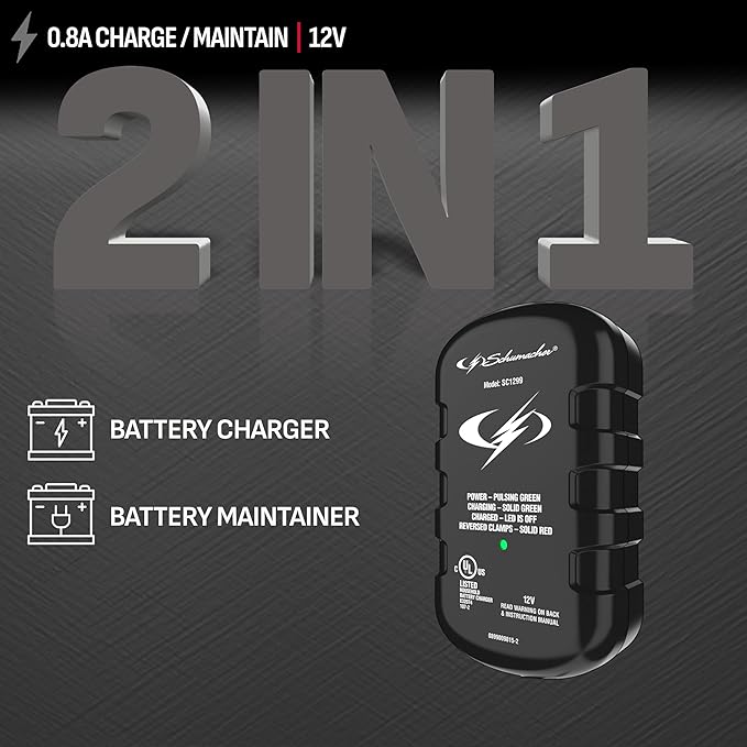 Schumacher Electric 0.8A Car Battery Charger and Maintainer, 2-in-1 Solution, for 12V Power Sport, Automotive, and Marine Batteries, SC1299
