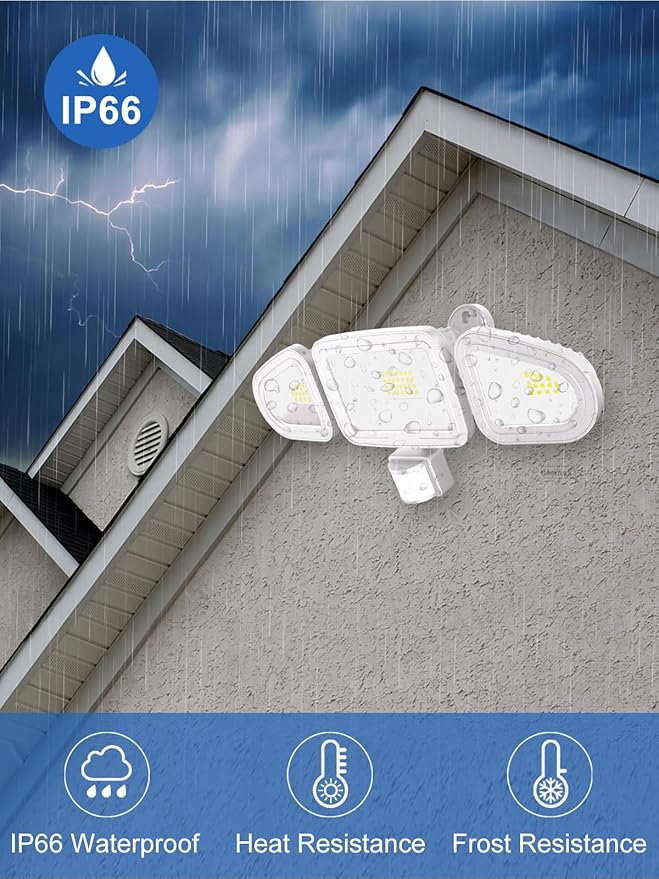 CLY 42W LED Security Lights Motion Sensor Light, 3600LM 5000K, IP66 Waterproof Outdoor Flood Lights, Adjustable Brightness 3 Head Floodlight Remote Control 4 Modes for Garage Yard Eave -White