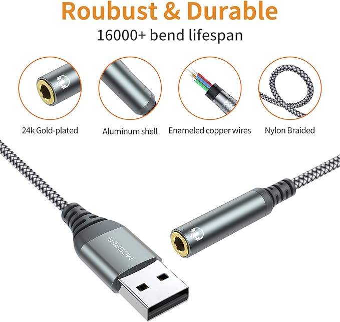 USB to 3.5mm Audio Jack Adapter, External Sound Card Converter Compatible with Headset, PC, Laptop, Mac, Desktops, Linux, PS4 and More Devices (Grey)