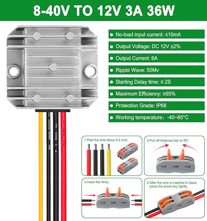 DC 8-40V to 12V Converter 3A 36W Regulated Voltage Power Converter IP68 Waterproof Transformer for Golf Cart Truck Boat Vehicle