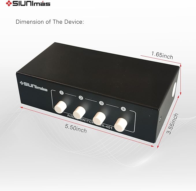 SIUNIMAS 4-in 1-Out RCA and 3.5mm Aux Audio Receiver Switching Box 4 Channels Audio Converter Passive Audio Selector Switch Box 1-in 4-Out (S401-RCA AUX)
