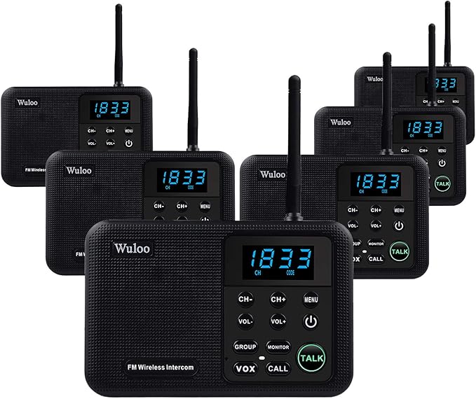 Wuloo Intercoms Wireless for Home 1 Mile Range 22 Channel 100 Digital Code Display Screen, Wireless Intercom System for Home House Business Office, Room to Room Intercom Communication (6 Packs, Black)