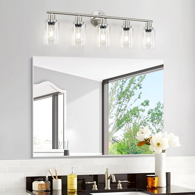 Guliaofo 5-Light Bathroom Vanity Lights, E26 Modern Brushed Nickel Bathroom Light Fixtures with Clear Glass Shade, Mirror Kitchen Hallway Cabinet Living Room Sconces Wall Lights