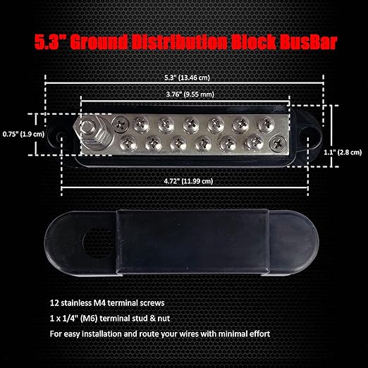 1/4" Stud Power Distribution Block Bus Bar with 12 x #8 Screws, Ampper 5.3" 12V 150A Marine BusBar Battery Distribution Block Kit W/Cover for Car Boat Solar (Black)
