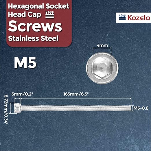 Kozelo 2pcs Socket Head Cap Screws - [M5-0.8 x 165mm] 304 Stainless Steel Allen Socket Drive for Electrical Motor 3D Printing Fan Engine Replacement Use, Silver
