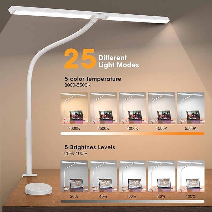 Pzloz Led Desk Lamp for Office Home - Eye Caring Architect lamp with Clamp,Dual Screen Computer Monitor Work Smart Light: 24W 5 Color Flexible Adjustable Lighting Table Lamp for Study Drafting Beige