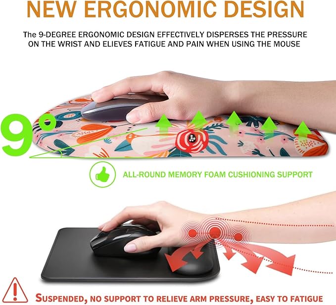BOCHEERY Ergonomic Mouse Pad Wrist Support,Upgrade Mousepad with Massage Design,Non-Slip PU Base Desktop Mouse Pads for Pain Relief, Computer, Office & Home,12 x 8 in（F-Pink Flower）